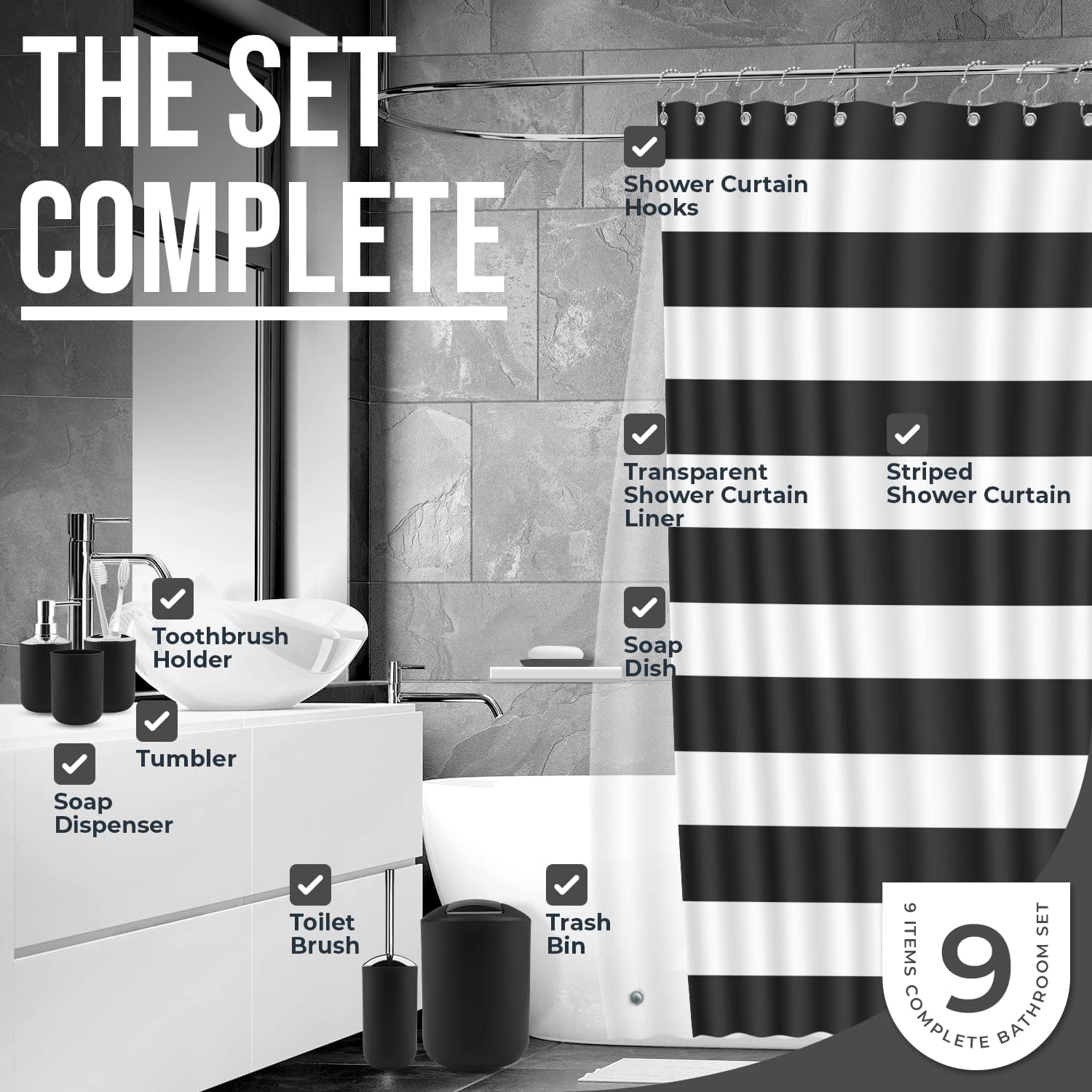 Clara Clark Black Bathroom Accessories Set, 9 Piece Bathroom Set with Shower Curtain Set Liner and 12 Hooks, Soap Dispenser & Dish, Toothbrush Holder with Cup, Toilet Bowl Brush and Holder, Trash can : Home & Kitchen