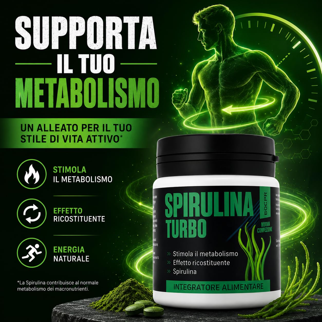 Spirulina Turbo Integratore Alimentare con Spirulina 240 Capsule | Con spirulina ad alto contenuto proteico, supporta il senso di sazietà e il benessere quotidiano.