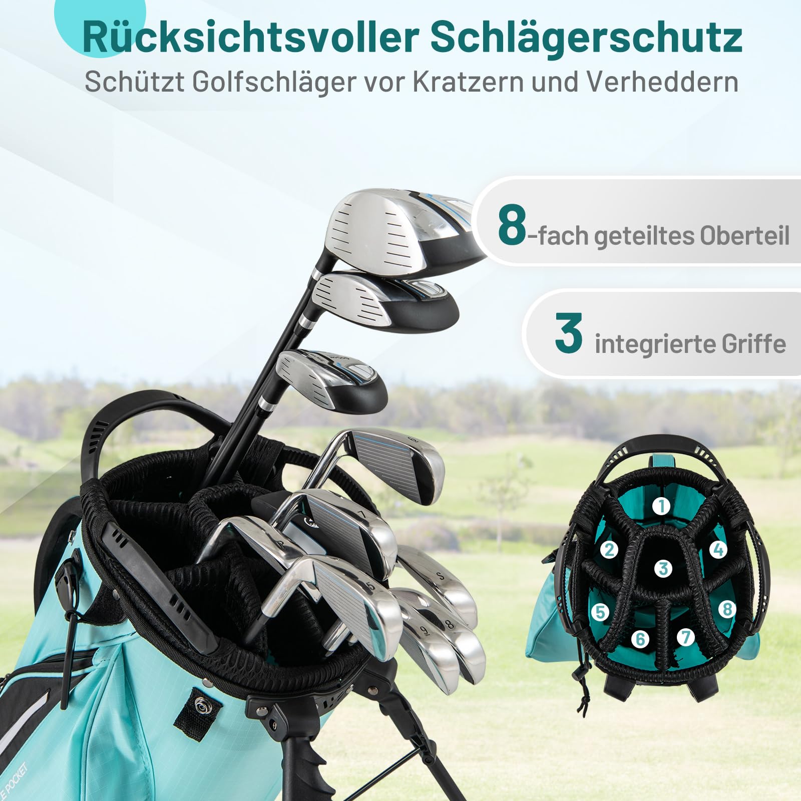 GYMAX Golf-Standtasche, tragbare Golftasche mit 8 Fächern & 5 Taschen, leichte Golftasche mit verstellbarem Doppelträger, Regenschutz, Standbag für Herren & Damen