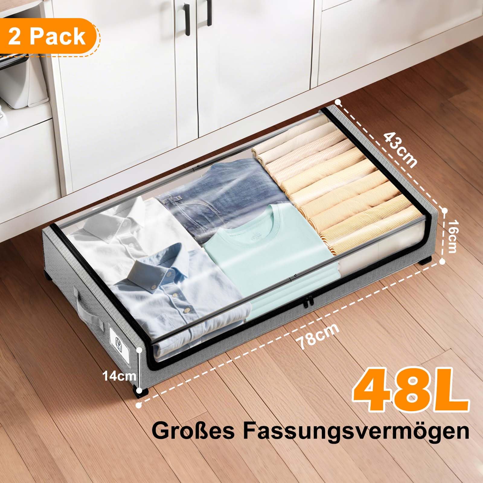 Set da 2 contenitori sottoletto con coperchio e ruote, scatole portaoggetti sotto il letto con coperchi trasparenti ed etichetta, cassetti scorrevoli da 48L per vestiti, coperte