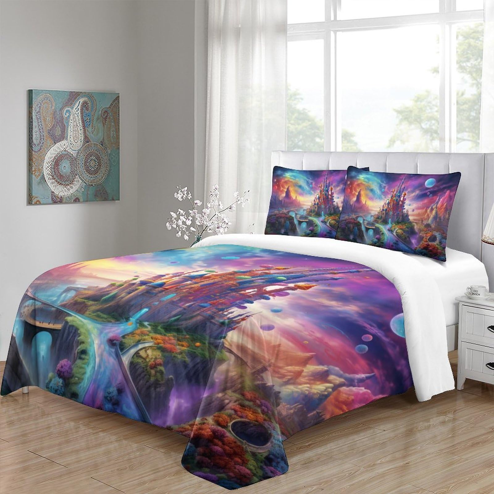 Set Copripiumino 3 Pezzi Per Letto King (220x240 Cm) - Tema Castello E Nuvole, Microfibra Morbida, Cerniera Nascosta, Bambini E Bambine