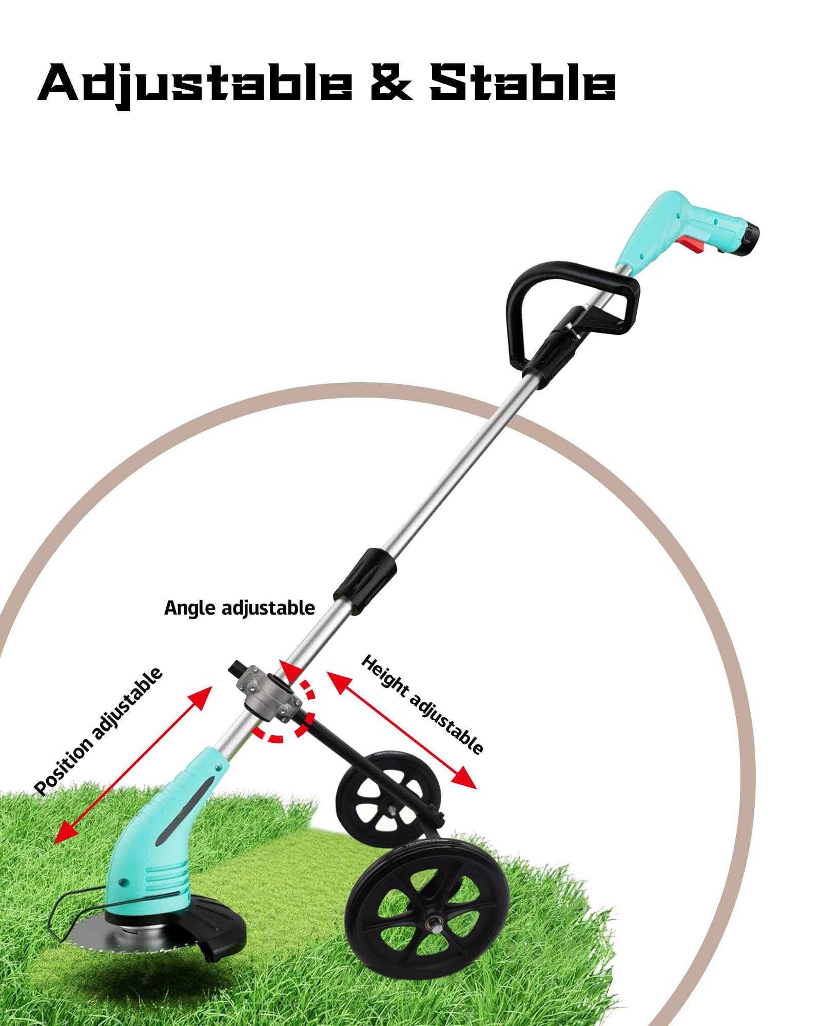 Accesorio de rueda de recortadora de cuerdas, rueda de soporte de 20 pulgadas de altura ajustable con tubo de eje de 1 a 1.35 pulgadas para desbrozadora eléctrica de cuerdas de gas