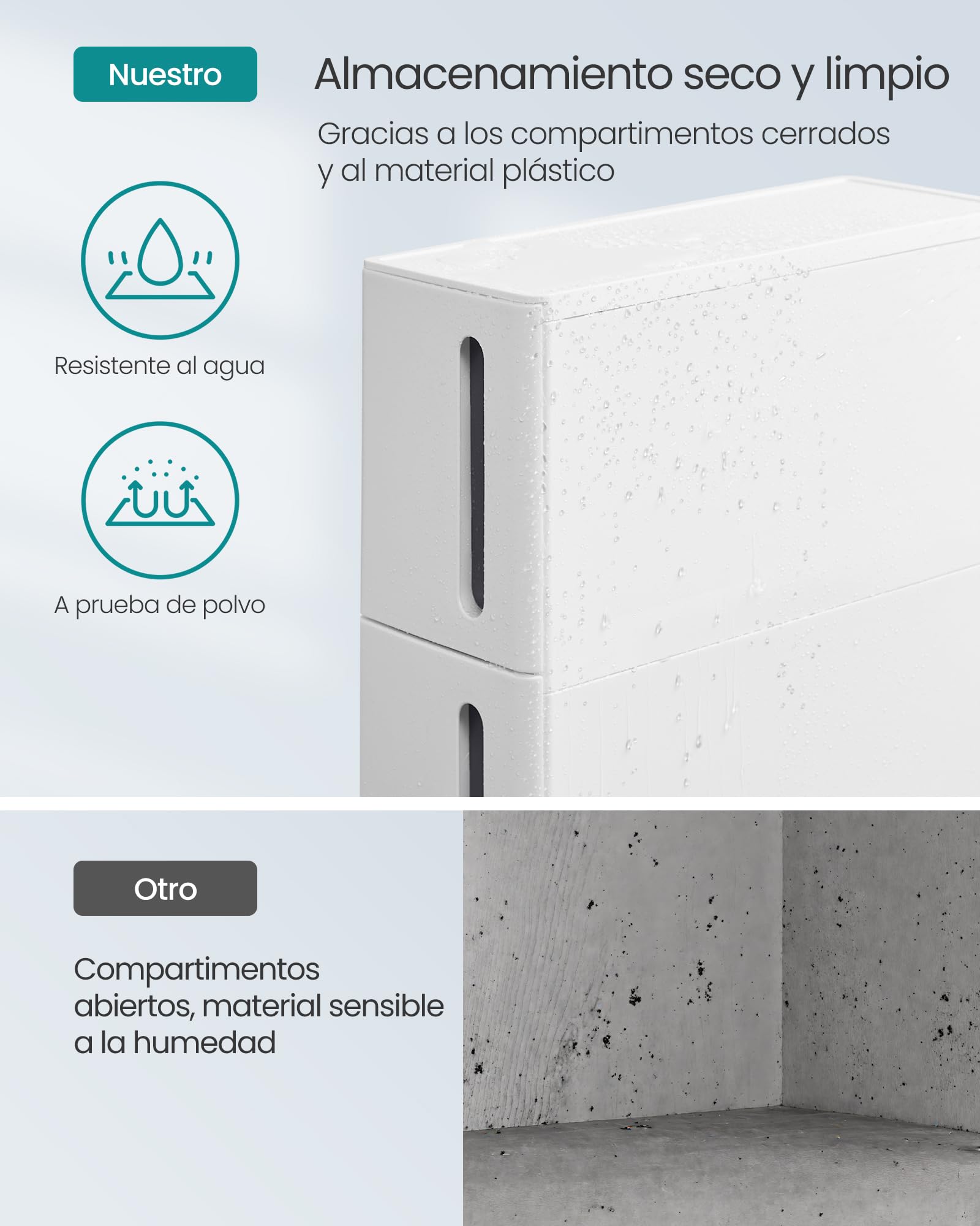 SONGMICS Carrito Estrecho con Ruedas, Estantería con 4 Cajones, 17,3 cm, Plástico PP, Blanco y Gris