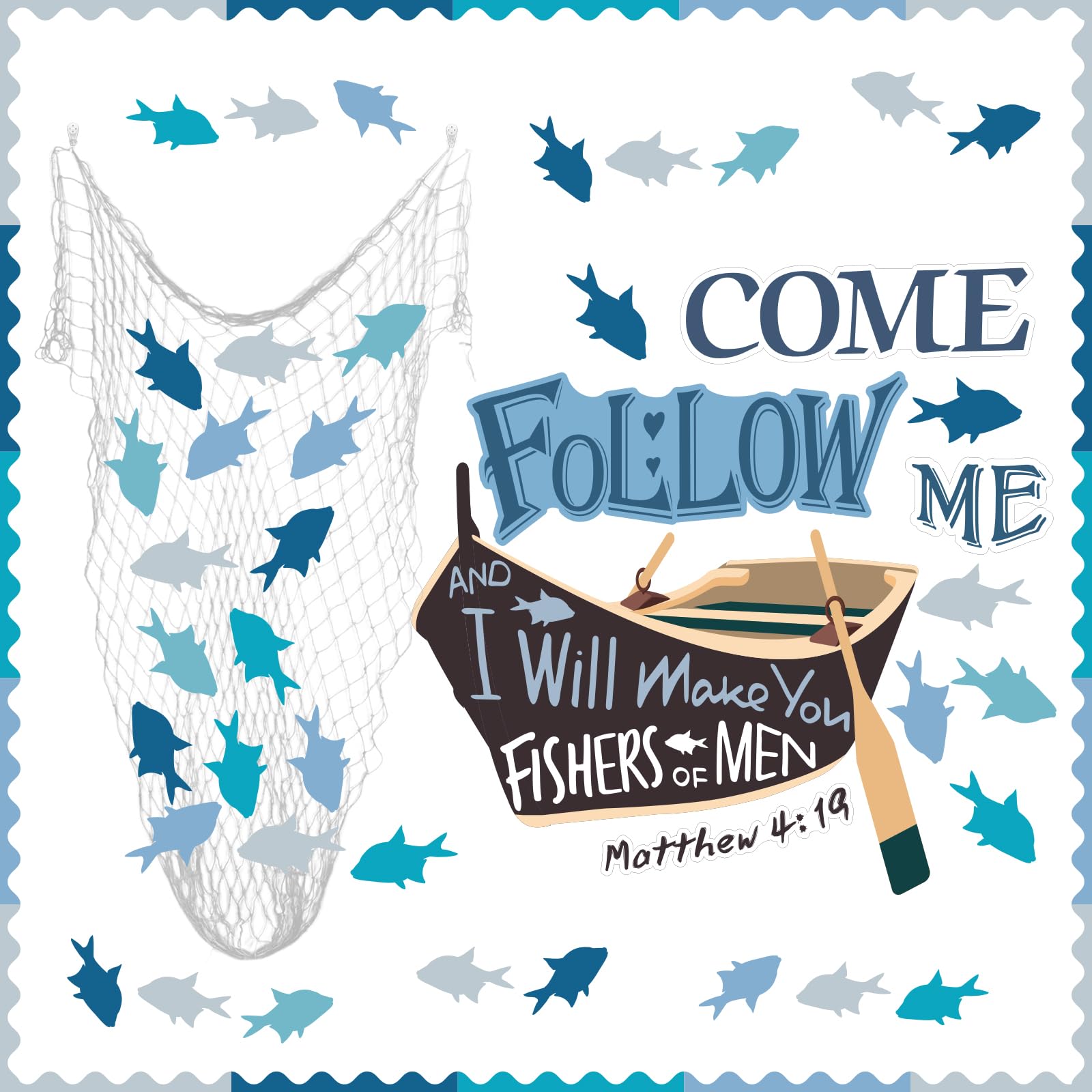 76Pcs Fishers of Men Bulletin Board Set Religious Classroom Bulletin Board Fish Cutouts Christian Jesus Sunday School Bulletin Board for Preschool Classroom Supplies Chalkboard Wall Decor