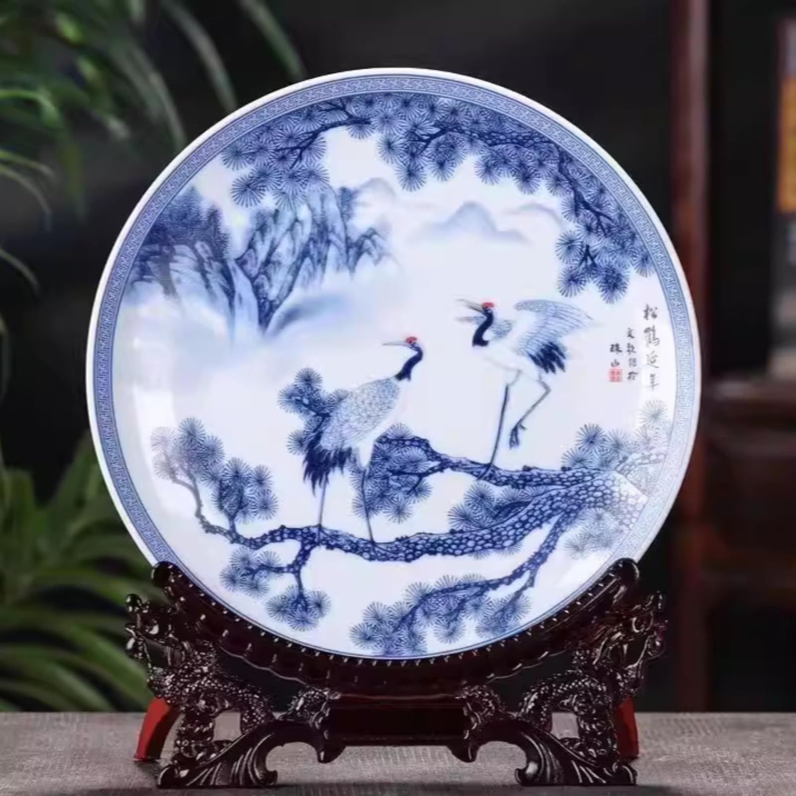 Assiette en céramique dessinée à la main 26 cm, décoration style chinois et artisanat salon