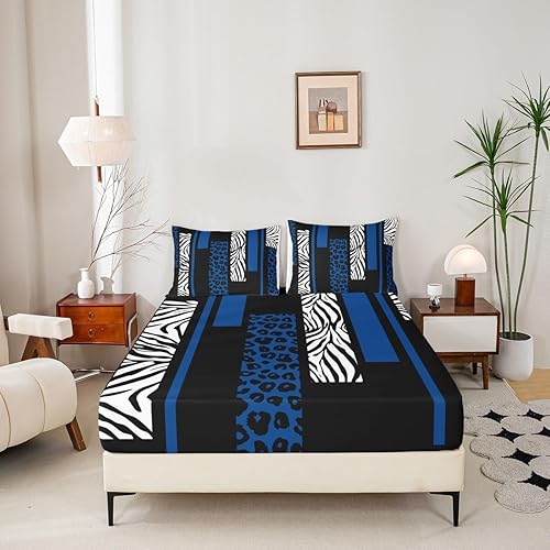Miniatura 4 de Manfei Sábana bajera ajustable con estampado de leopardo, tamaño matrimonial, con textura de piel de cebra, color negro y blanco, decoración de