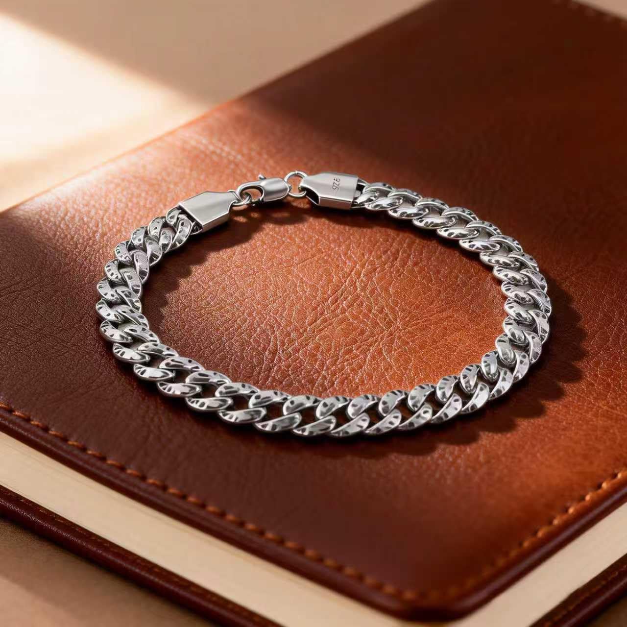 Italian Handmade Sterling Silver Mens Chain Bracelet | Solid S925 | Gift for Dad, Boyfriend, Son, My Man | 8.6" Black Spots