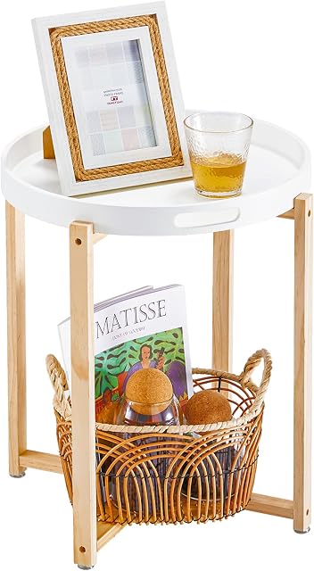 APICIZON Round Side Table with Removable Tray, X-Shape Scandinavian Coffee Table, Small End Table for Living room Bedroom and Balcony, 40 x 50 cm, White/Oak