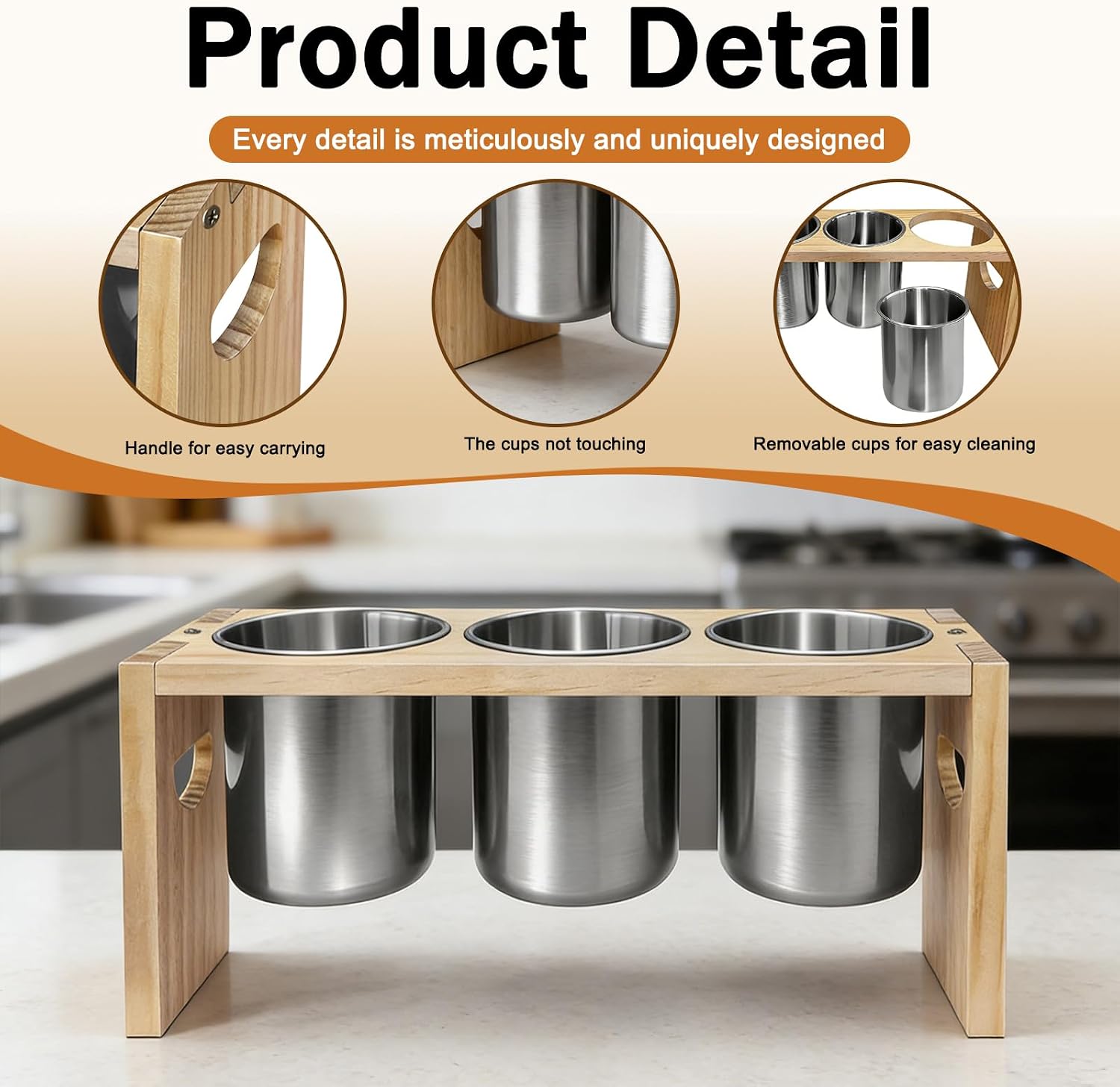 Stainless Steel Utensil Holder with Removable Compartments, Wooden Stand - 3 Tier Cutlery Organizer for Flatware Storage Easy Clean Kitchen Countertop Caddy