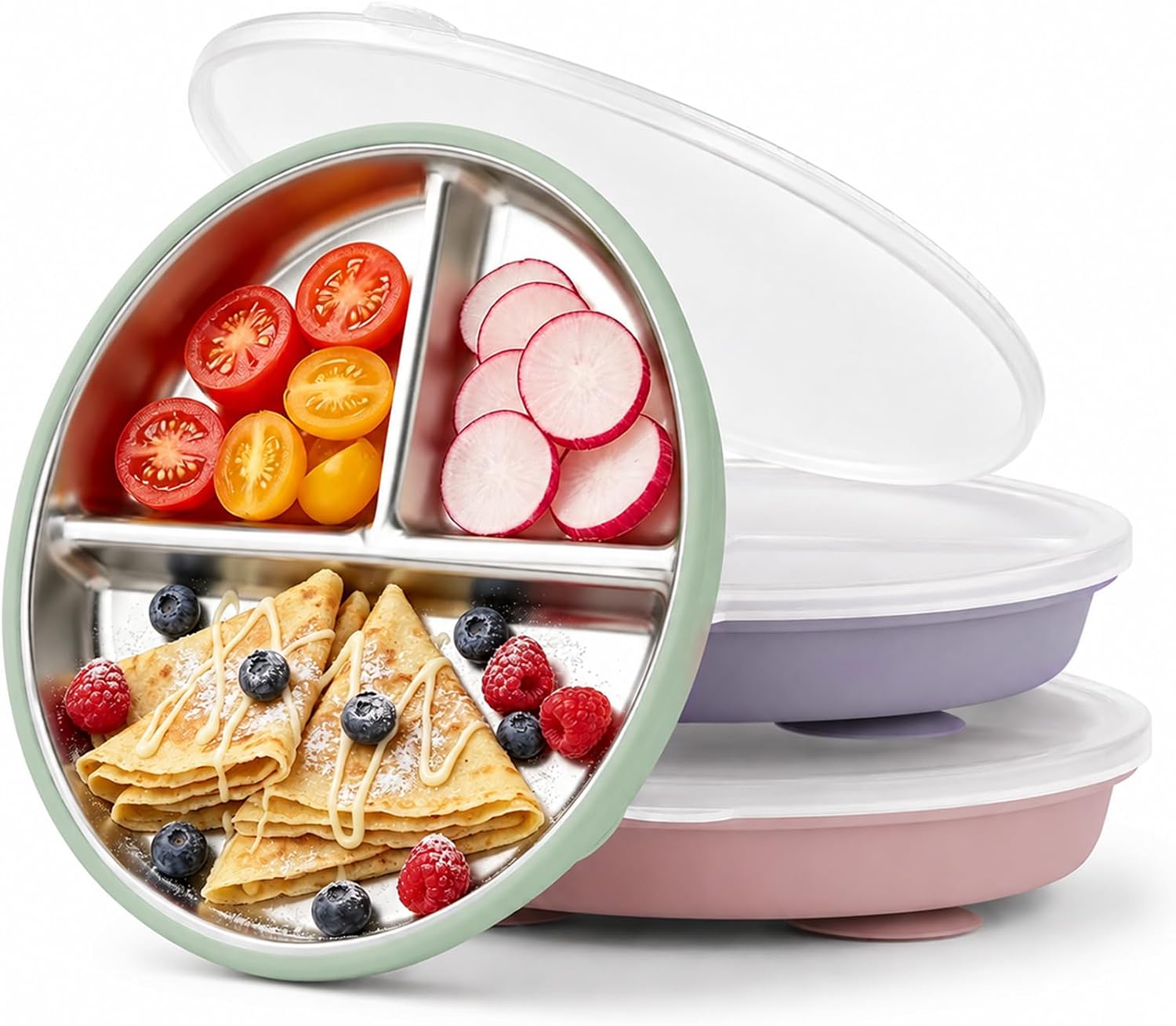 Bakpoco Stainless Steel Suction Kids Plates with Lids, DEEP 9" Divided Family Table Plate for 2Y-8Y+ Toddlers & Preschooler, Bigger Portions Transition, 3-Pack