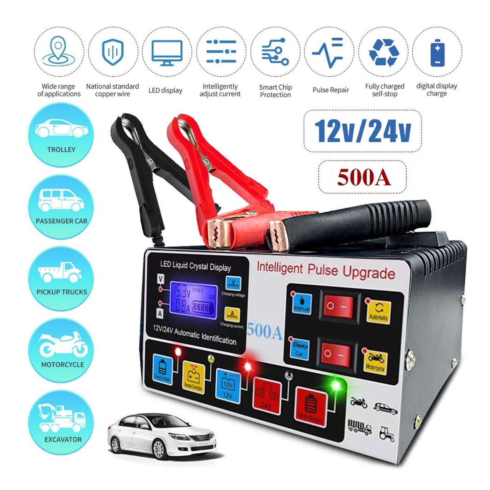 W Pełni Automatyczna Ładowarka Samochodowa O Dużej Mocy 500A Wyświetlacz LCD 12 V/24 V Do Naprawy Impulsów Motocyklowych Suv Wydajne Szybkie ładowanie