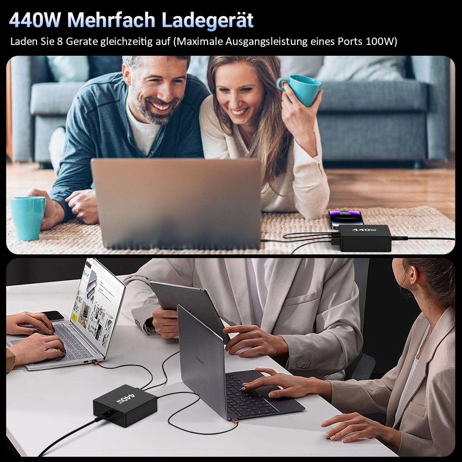 HSSNS Ładowarka USB-C wielokrotna: 440 W, 8 portów, szybka ładowarka z 5 USB-C i 3 USB-A, Dual-PD PPS USB zasilacz sieciowy do laptopa, MacBooka, iPada, iPhone 16/15/14, Samsung i wielu innych