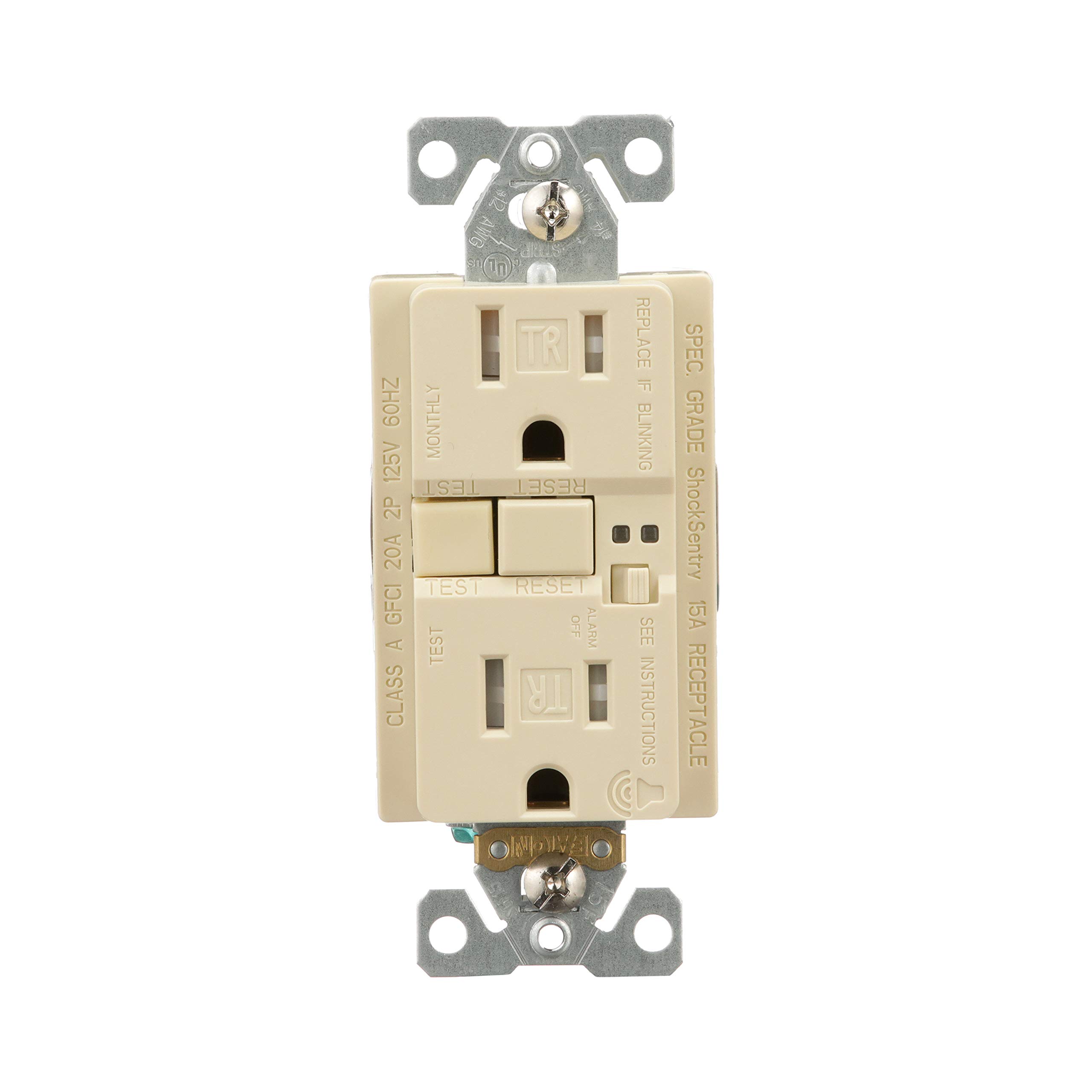 Réceptacle GFCI inviolable Eaton TRSGFA15V protection sonore active 15A teinte ivoire