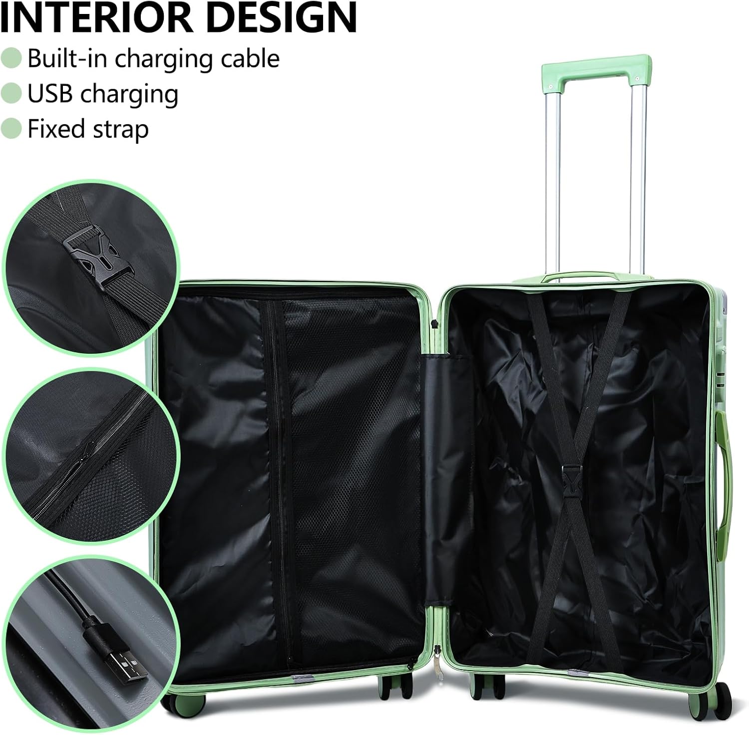 Roadoor Spinner Luggage, 24 Inch Hardside Suitcase with USB Port & TSA Lock, Scratch Resistant Luggage with Expandable Storage, Lightweight Travel Case for Airplanes Business Vacation Green