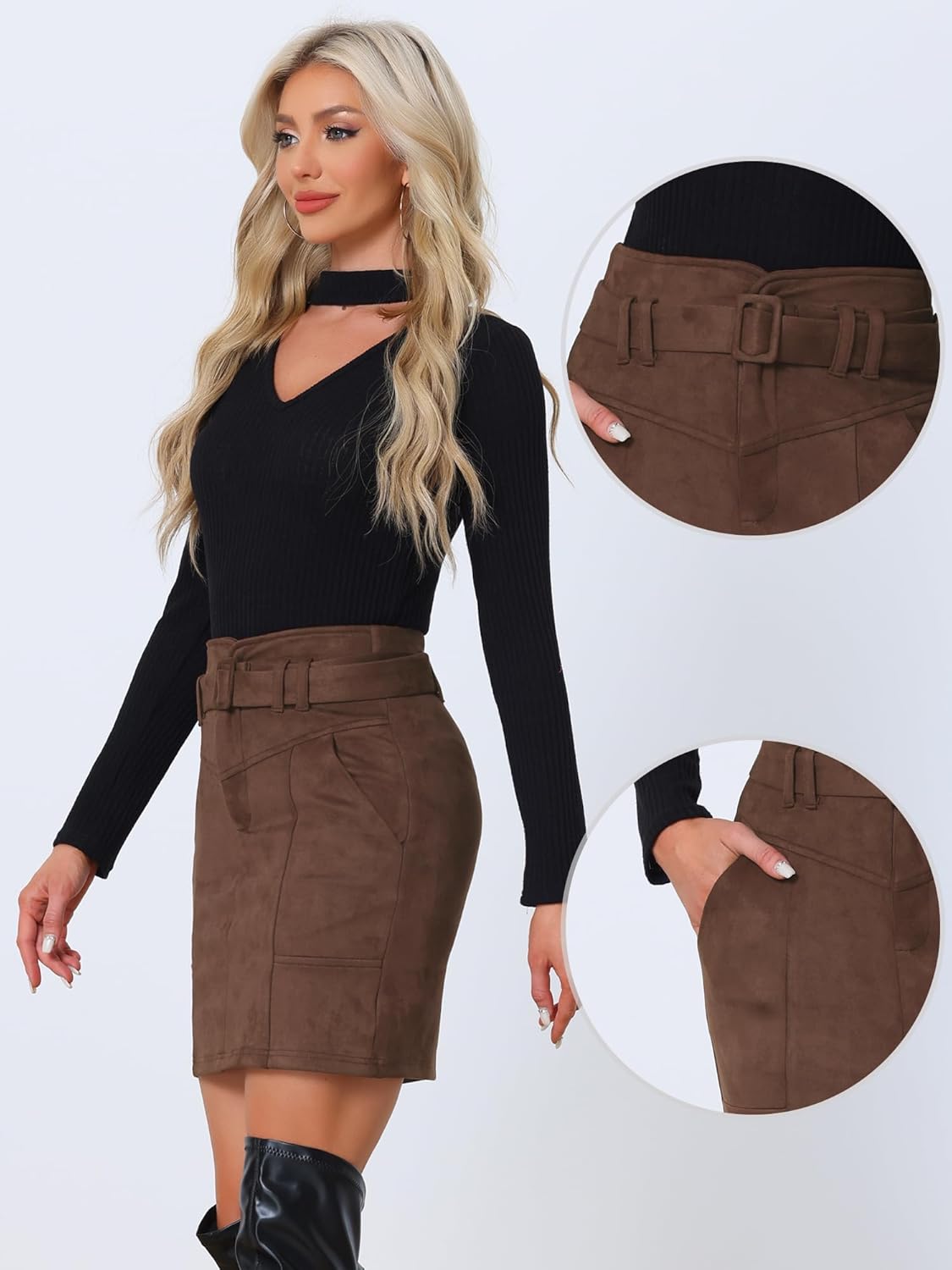 Allegra K Faux Suede Skirt for Women's High Waist Casual Belted Pencil Skirts - Image 4