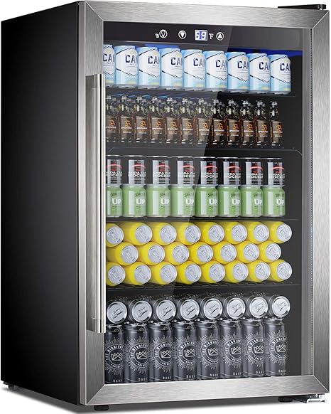 Joy Pebble Beverage Refrigerator and Cooler,145 Can Beverage Fridge with Adjustable Thermostat, Mini Fridge with Stainless Steel Glass Door for Beer Soda Wine, Beer Fridge for Bar Office,4.4Cu.Ft