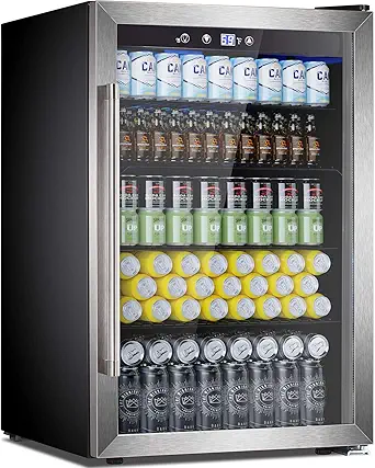 Joy Pebble Beverage Refrigerator and Cooler,145 Can Beverage Fridge with Adjustable Thermostat, Mini Fridge with Stainless Steel Glass Door for Beer Soda Wine, Beer Fridge for Bar Office,4.4Cu.Ft