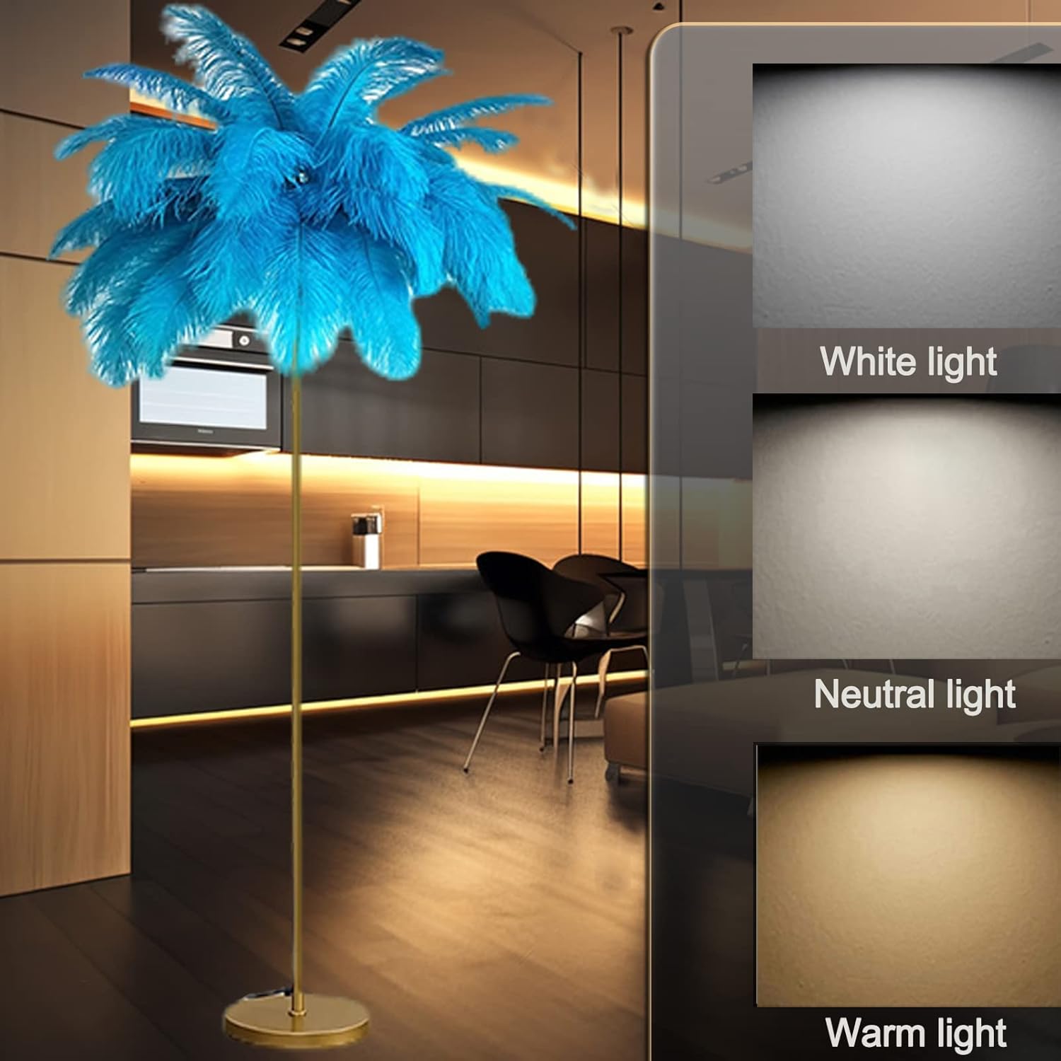 Feather Floor Lamp for Living Room, 63" Natural Ostrich Feather Standing Lamp with Foot Switch, Dimmable (Blue)