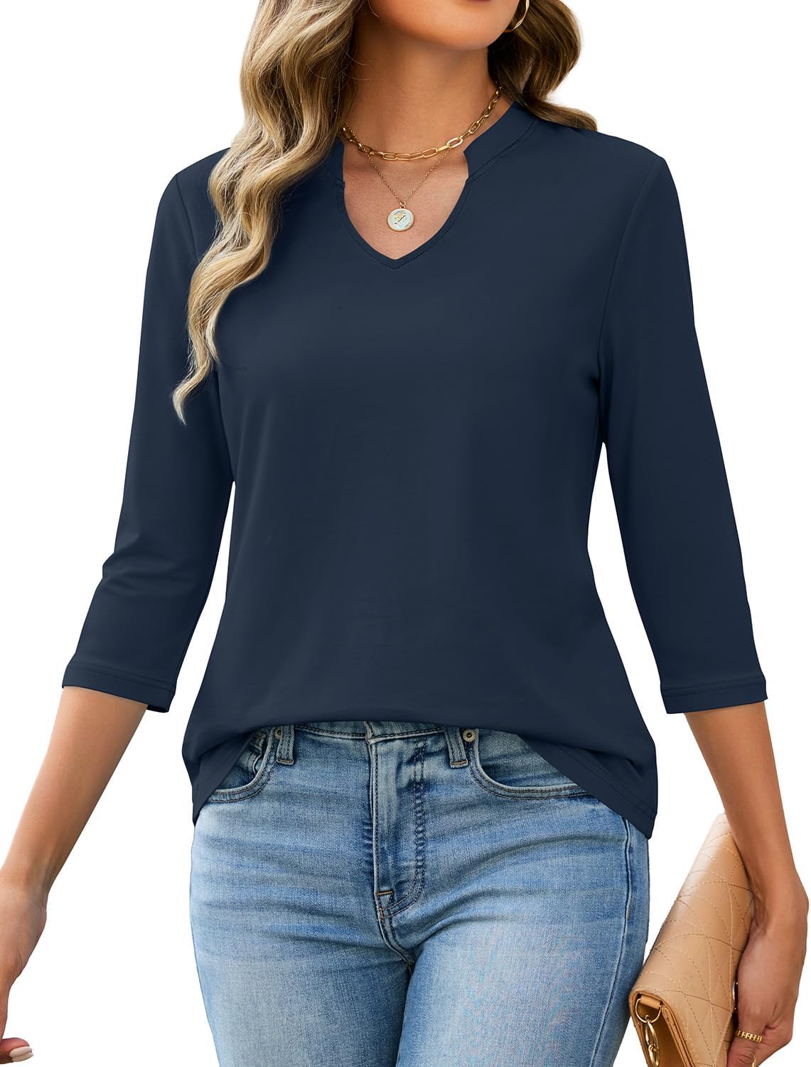 JUSTFASHIONNOW 3/4 Length Sleeve Womens Tops Cotton V Neck T Shirts Basic Casual Tees Blouses - Image 2