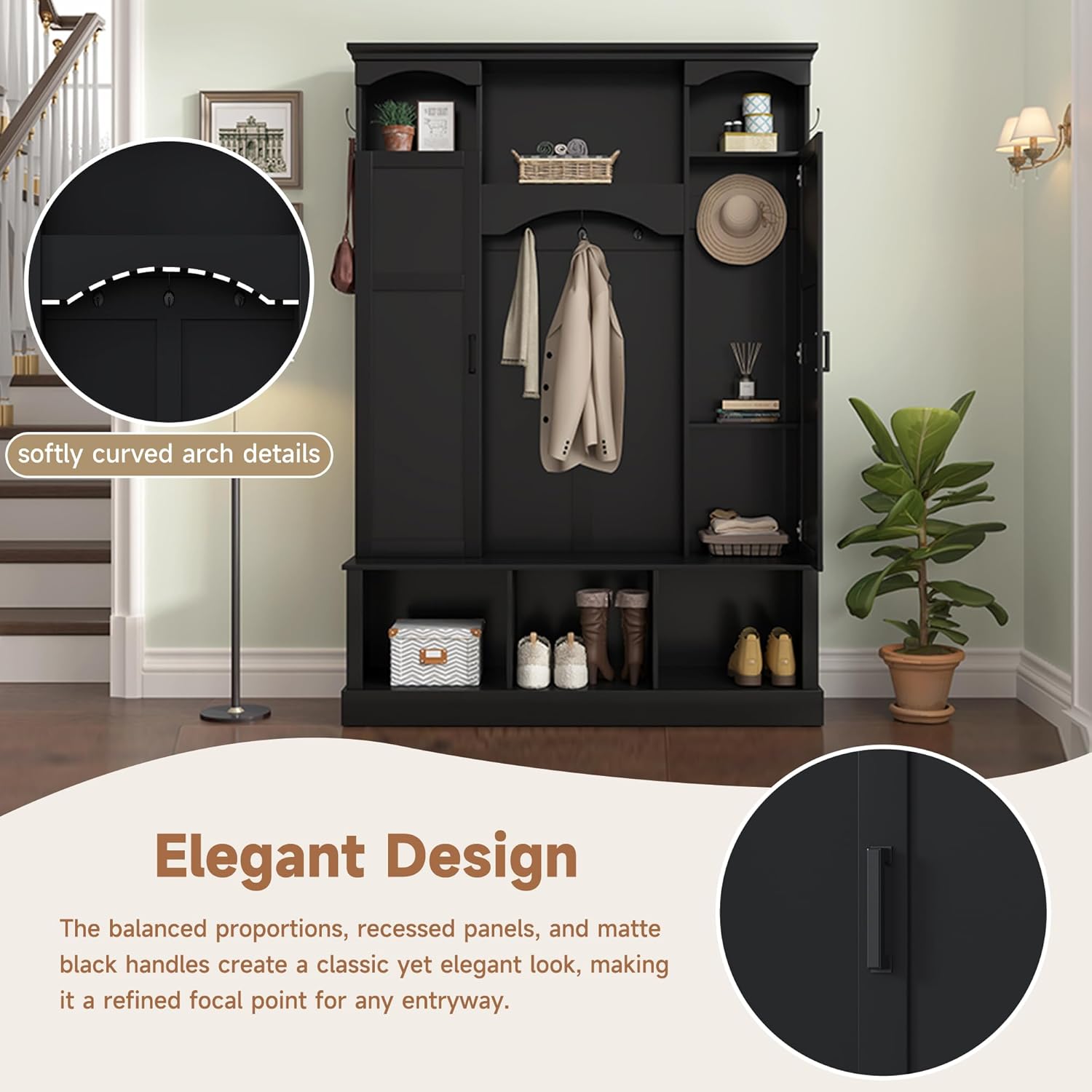 Merax Hall Tree with Bench and Shoe Storage 77.3" Tall with Adjustable Shelves, Modern All-in-One Entryway Bench with 2 Side Cabinets & 7 Hooks, Elegant Arched Design, 53.5"L x 15.7"W (Black)