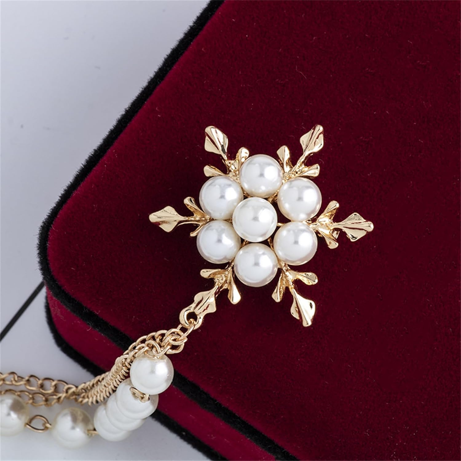 coadipress Glittering Imitation Pearl Crystal Snowflake Flower Hanging Chain Brooch Pin for Women Men Fashion Snowflake Tassel Shirt Collar Lapel Pin Charming Clothes Bags Decoration Jewelry
