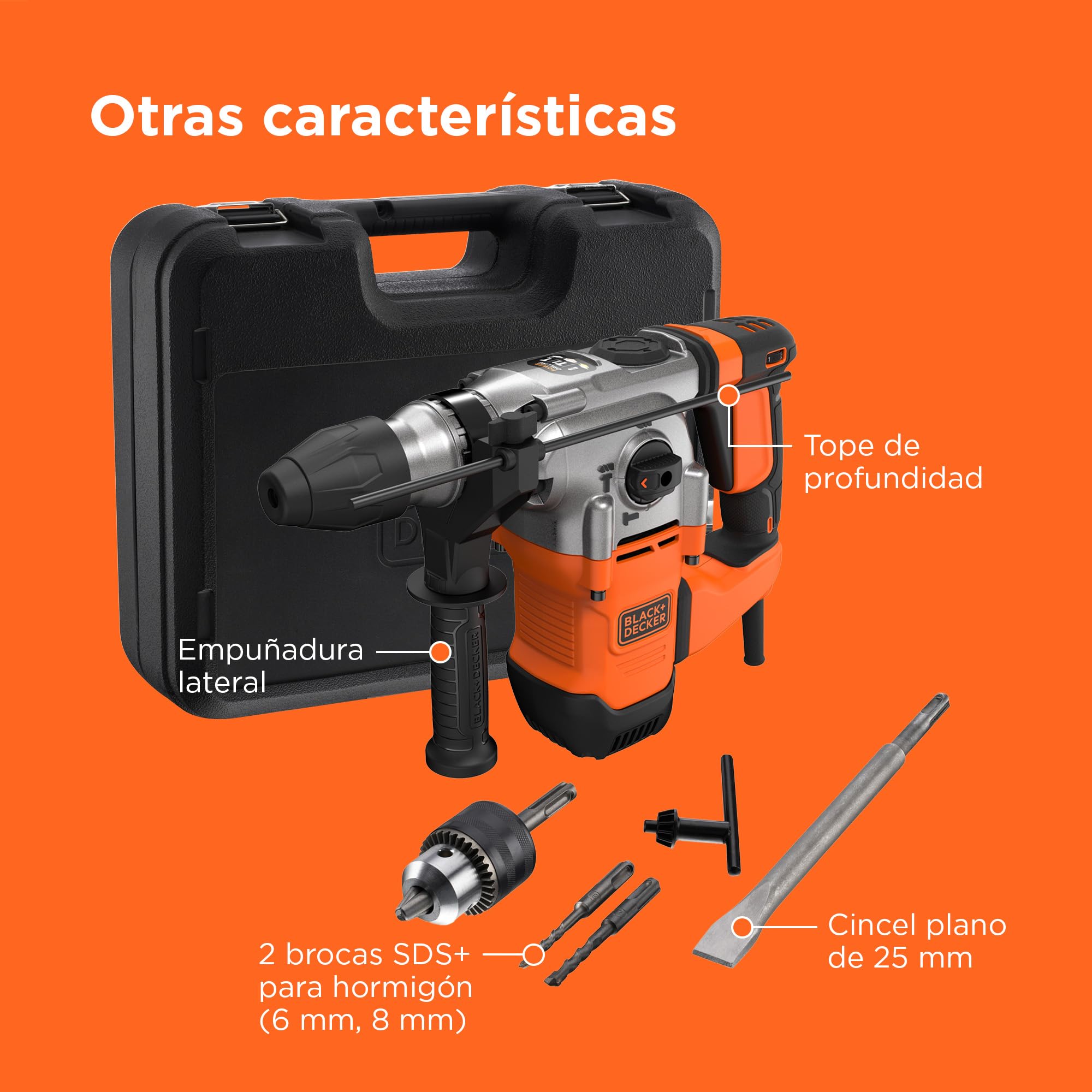 BLACK+DECKER Taladro percutor SDS+, motor de 1250W, 3 modos de funcionamiento, fuerza de impacto de 3,5J, incluye brocas y cincel, BEHS03K-QS