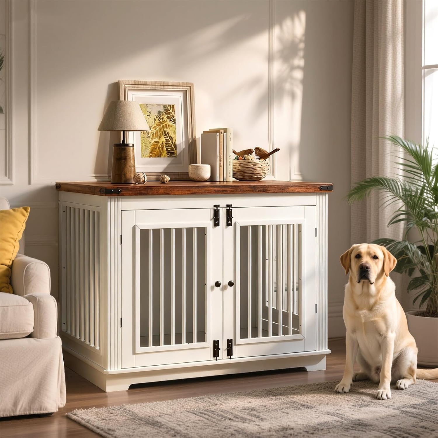 43" Large Dog Crate Furniture with 3 Doors, White Dog Kennel Furniture with Thickened Tabletop, Farmhouse Decorative Dog Crate End Table for Medium to Large Dogs
