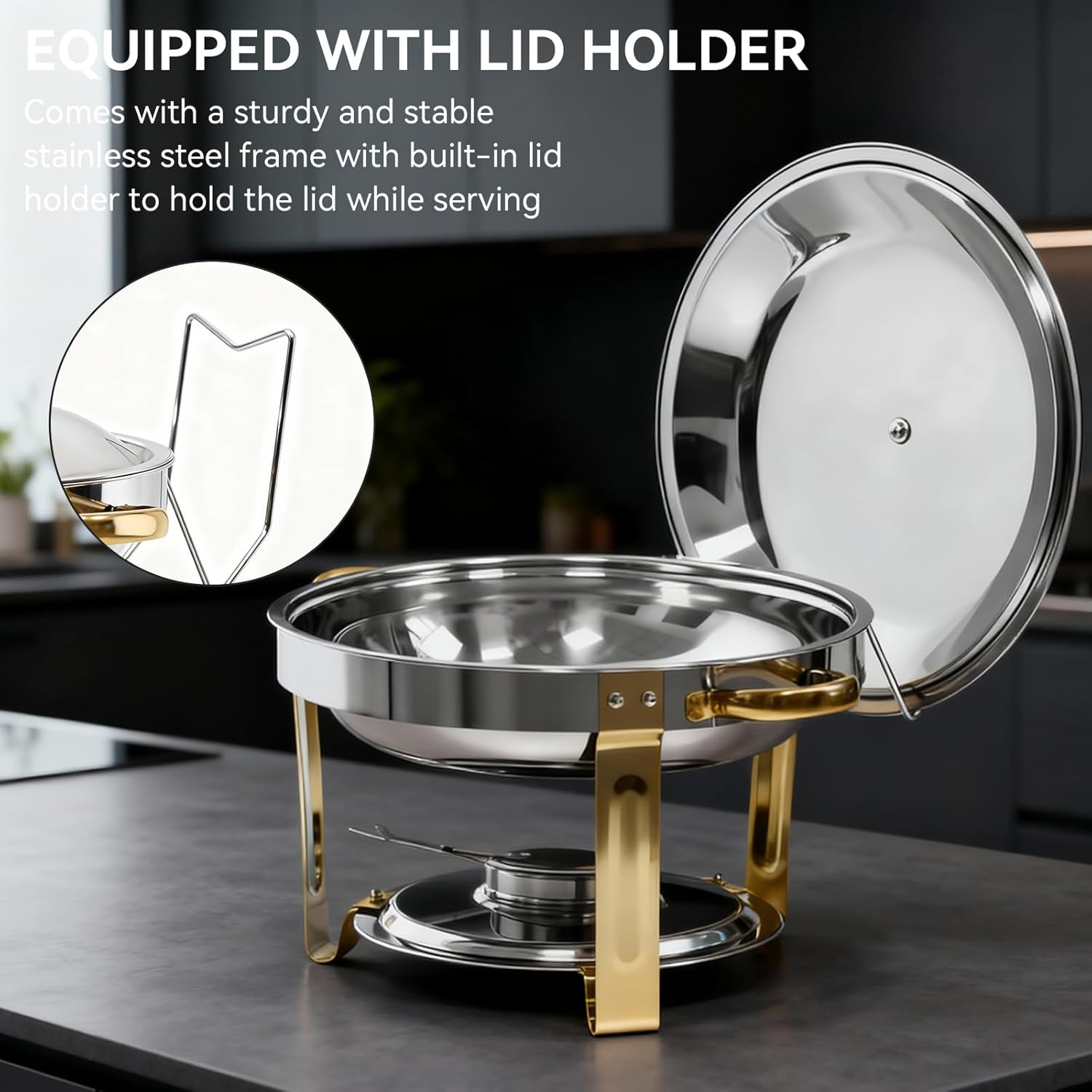 Chafing Dishes for Buffet 4 Pack, 6QT Round Chafing Dish Buffet Set 304 Stainless Steel Food Warmers for Parties Buffet Catering Events, Buffet Servers and Warmers, Chafers Servers Sets, Gold & Silver