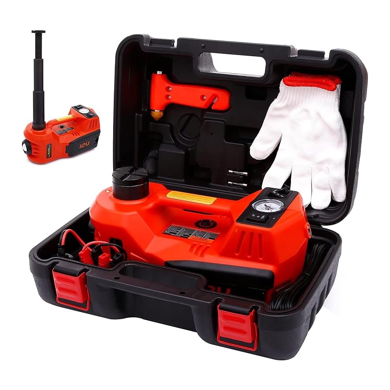 Macaco hidráulico elétrico 12 V ROGTZ com inflador, luz LED e capacidade aproximada de 5 toneladas, vermelho