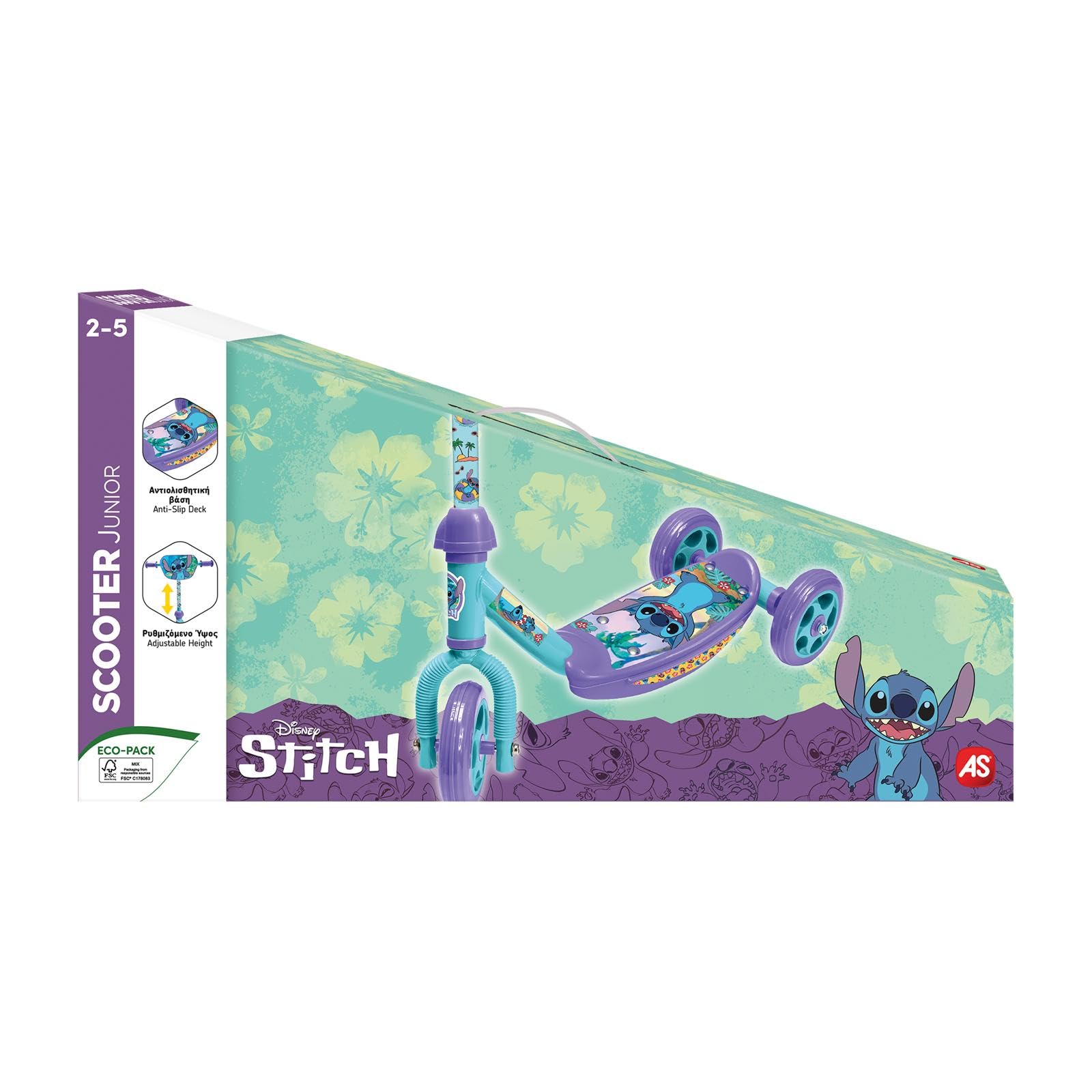 Rocco Giocattoli Patinete de 3 Ruedas Stitch, Azul y Morado, Manillar ergonómico, Plataforma Antideslizante, para niños de 2 + años, Peso máximo 20 kg