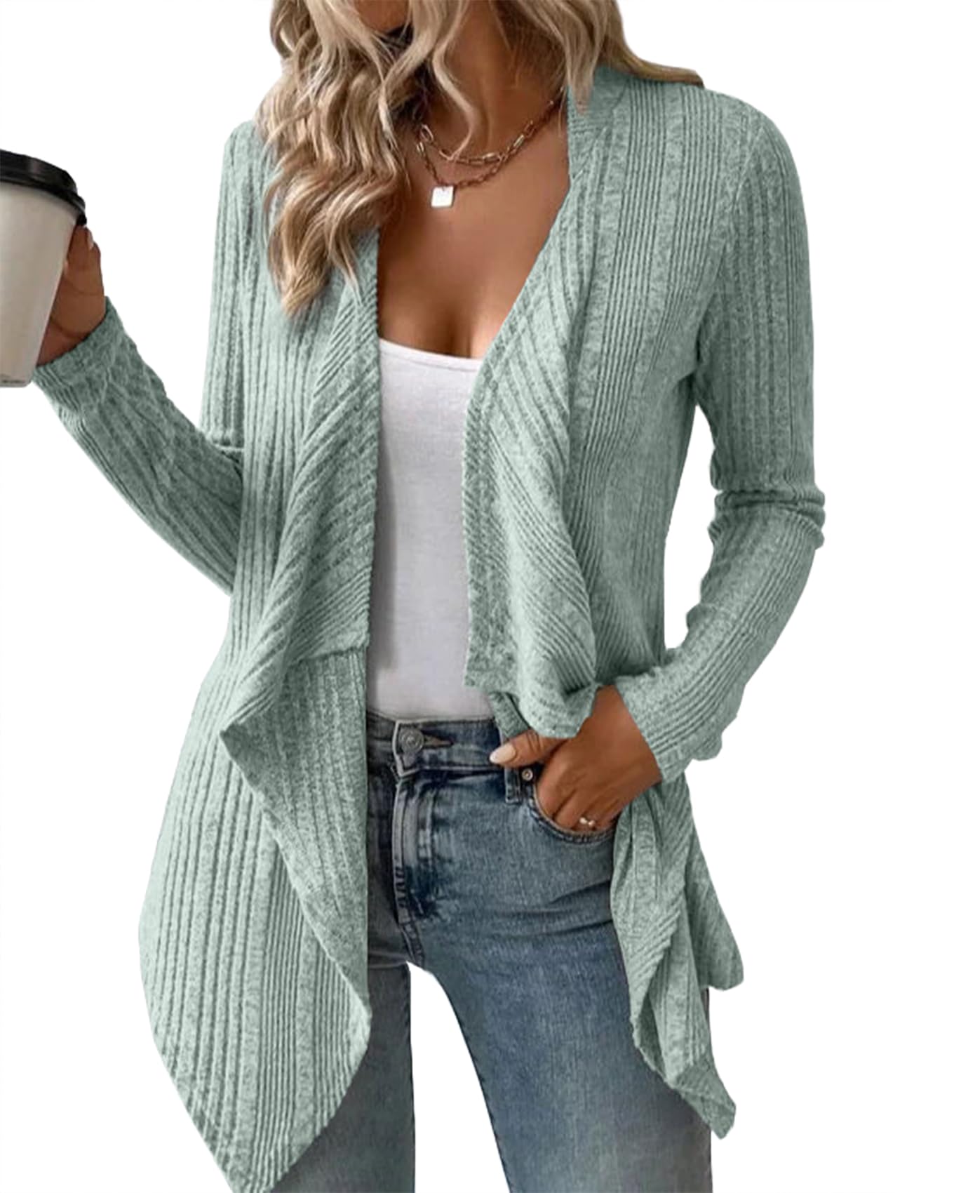 MYCOLORBLUE Women's Draped Open Front Lightweight Cardigan Tops Casual Long Sleeve Knit Outerwear Coffee Look