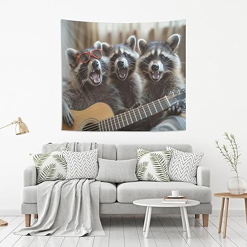 Vista 6 de STAYTOP Tapiz divertido de mapache con guitarra para colgar en la pared, decoración de fiesta de cumpleaños para dormitorio, dormitorio Como se
