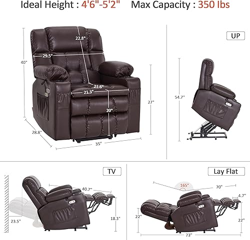 Miniatura 120 de MCombo Silla reclinable eléctrica de doble motor para personas mayores, silla elevadora plana con calor y masaje, portavasos, puertos USB, piel