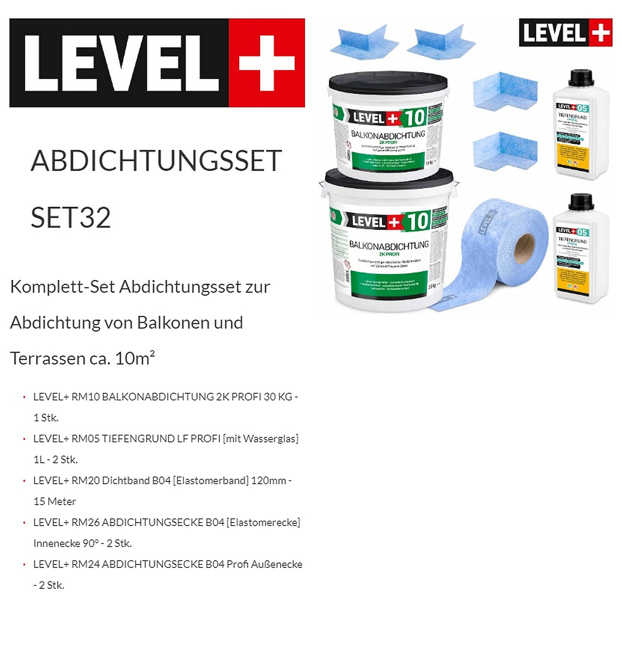 Dicht-Set 30Kg Balkonabdichtung 10m², 2 Innenecken, 2 Außenecke, 15M Dichtband, 2L Tiefengrund mit Wasserglas SET32