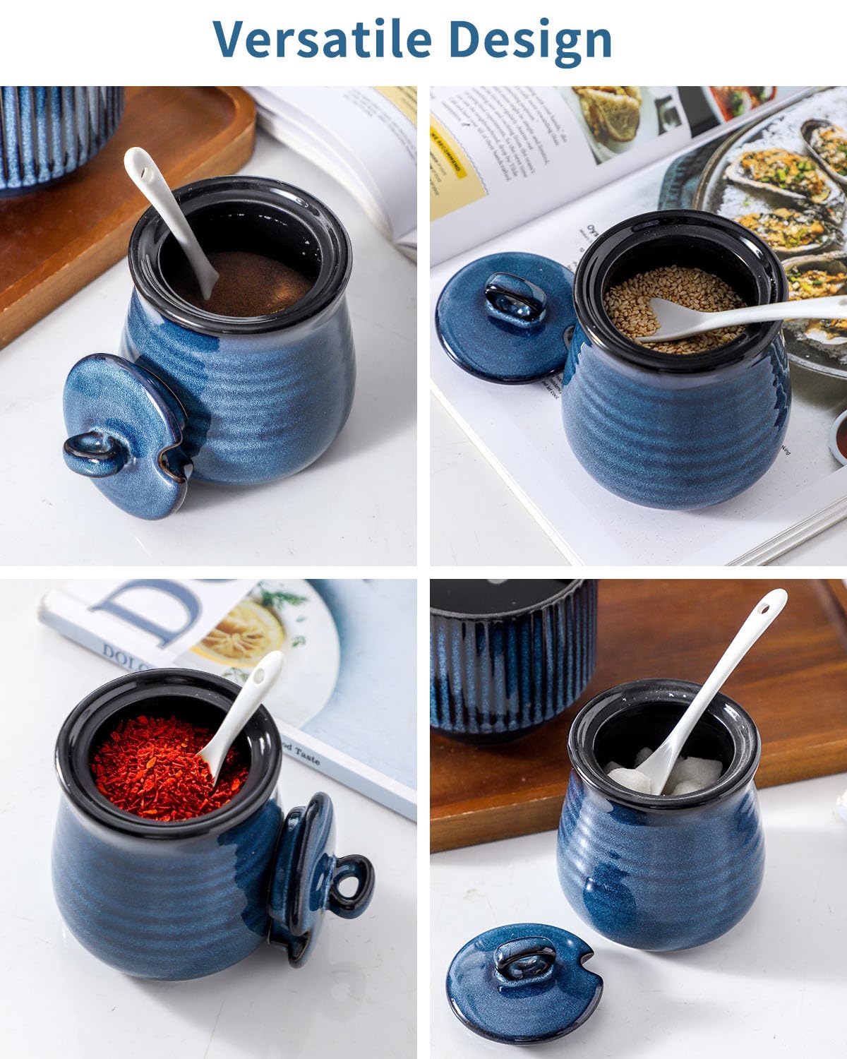 Hasense Zucker- und Milchkännchen-Set, 3-teilig mit 311.8 g Zuckerdose mit Deckel und Löffel, 284 ml Sahnekännchen, Keramik-Milchkrug und Zuckertopf für Kaffeebar, Kaffeeservice, Marineblau
