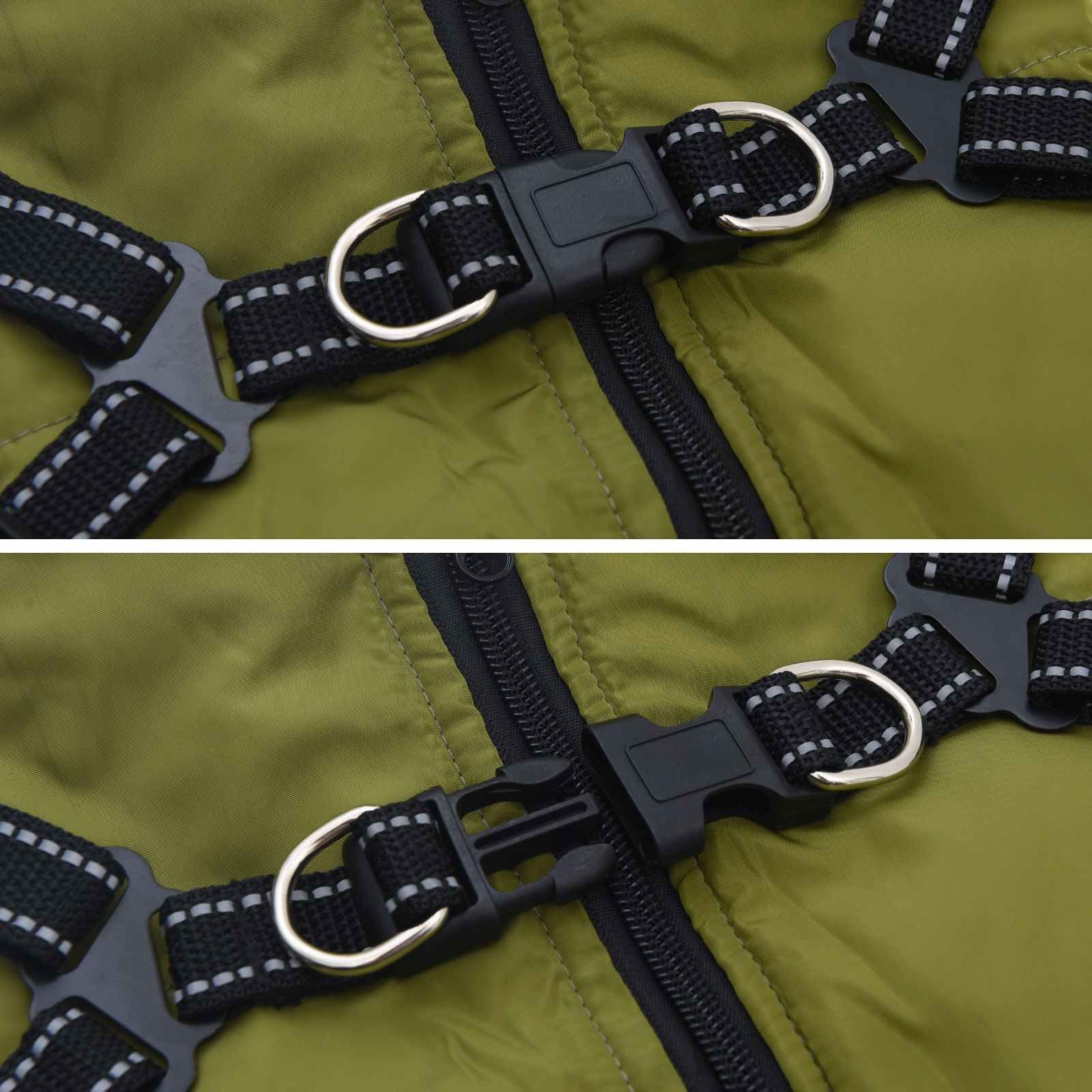 Cappotto per cani con pile e poliestere, antivento, impermeabile, riflettente, per passeggiate all'aperto, adatto per cani da 8 a 12 kg, regolabile, con foro per pettorina, verde oliva L40