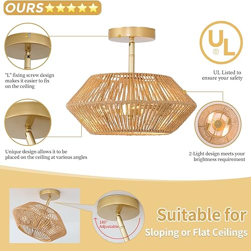 Miniatura 3 de Lámpara de techo de ratán tejida con 2 luces, luz de techo semiempotrada tejida a mano de granja beige, pequeña cesta costera bohemia cerca de la