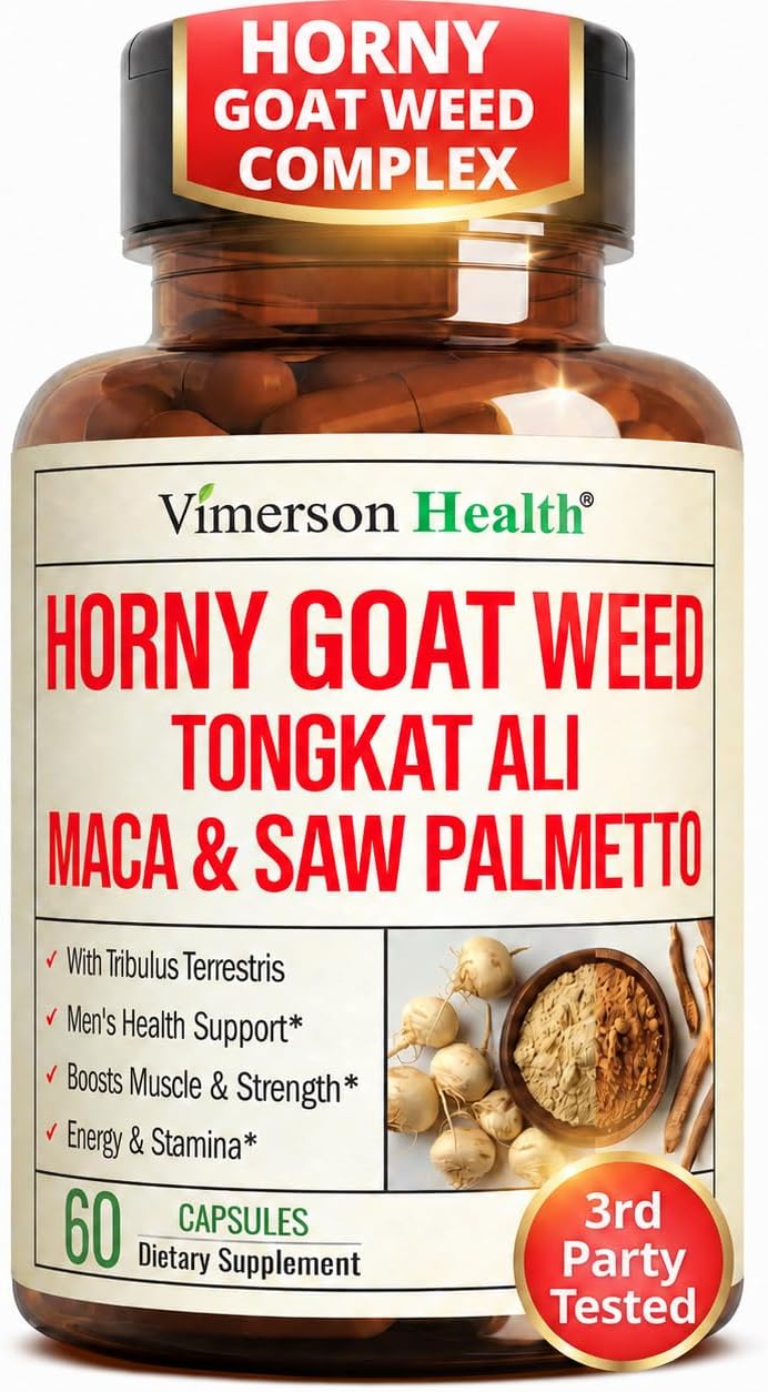 HornyGoatWeed for Men 1000mg - Male Enhancing Supplement with Tongkat Ali, Maca Root, Saw Palmetto, Panax Ginseng, Tribulus Terrestris - Horny Goat Weed for Energy, Drive & Strength, 60 capsules