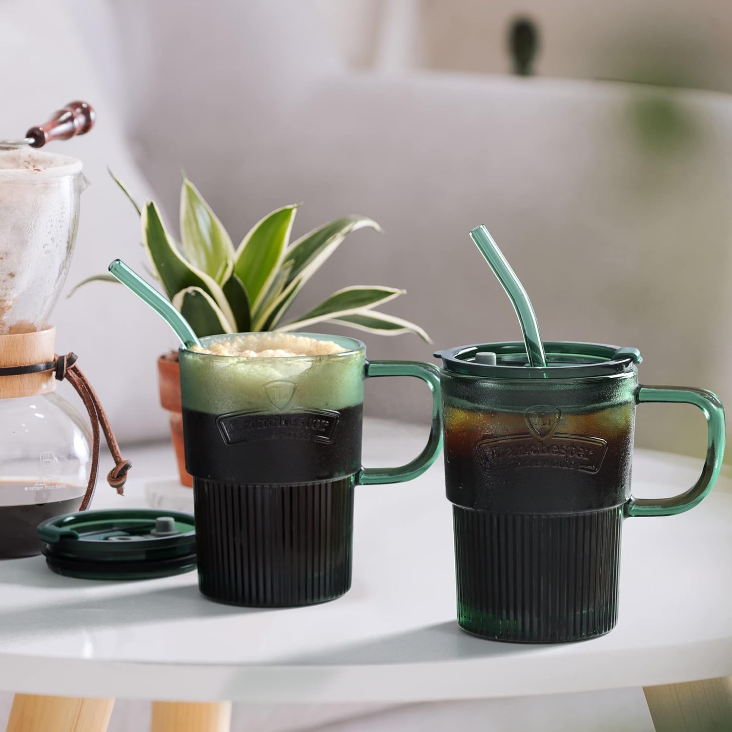 Joeyan Glass Coffee Cup Tumbler with Handle Lid and Straw, Smoothie Iced Coffee Tea Glasses Mug, Green Colored Drinking Jar for Water Juice Beverages Soda Milk, 15oz, Set of 2, Dishwasher Safe - Image 4