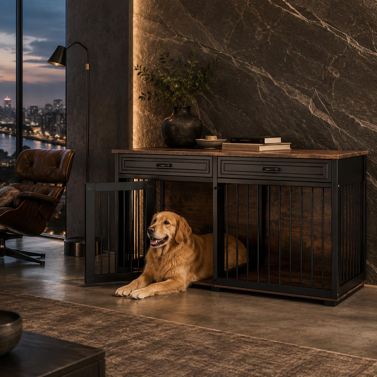 Hundekäfig Schrank XXL, Hundekäfig mit 2 Schubladen und 2 Türen, Hundebox für Zuhause Große/Mittlere Hunde,Beistelltisch, Hundehütte Indoor, Hundehaus für Zuhause, Schwarz, 164 x 60 x 80 cm, Eisen