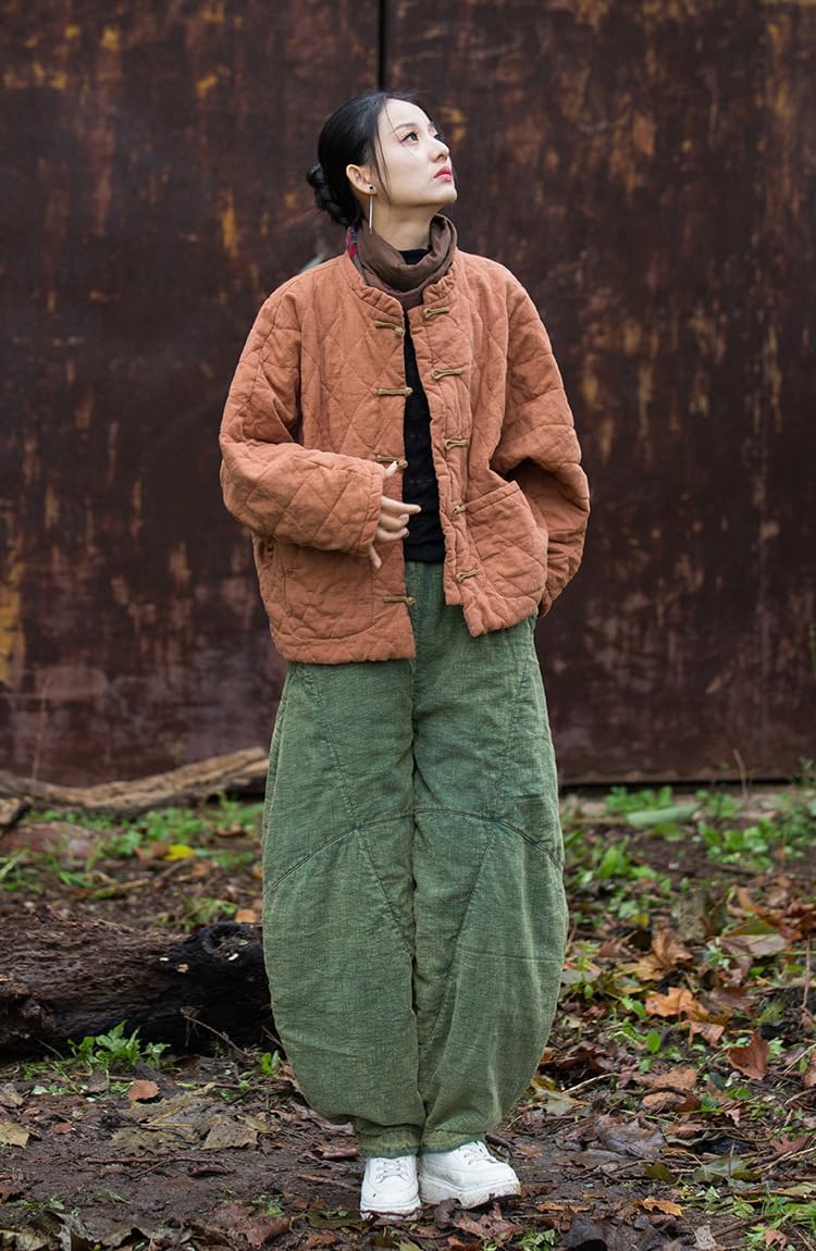 Women's Kimono Jacket Cotton Linen Quilted Coat Chinese Toggle Closure Winter Short Top - Image 2