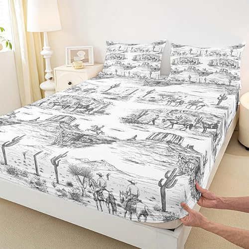 Miniatura 4 de Southwest Cowboy - Juego de sábanas tamaño King, juego de ropa de cama del desierto occidental, 4 piezas, color negro y blanco, para niños, hombres,