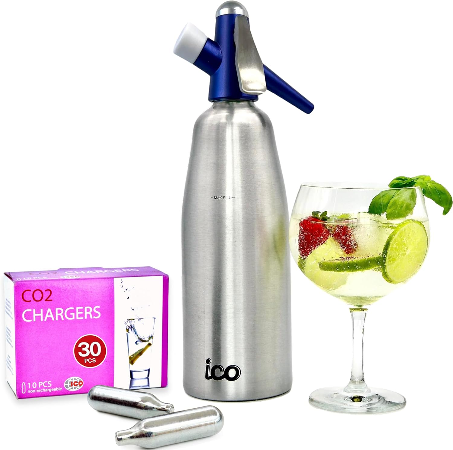 ICO Soda Siphon, Sparkling Water Maker and 30pcs 8g CO2 Cartridges for Soda Maker