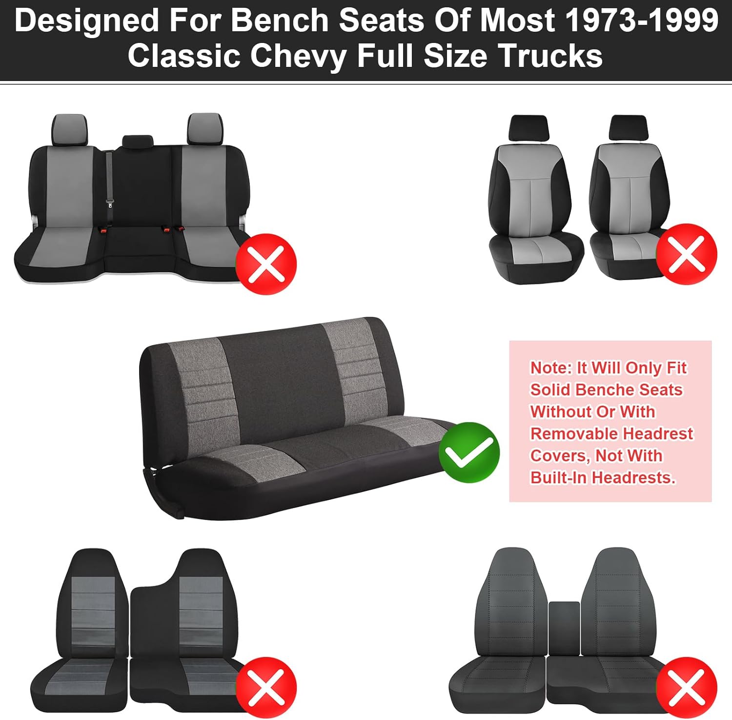 SAPUBK Custom-Fit Bench Seat Covers Replace for Chevy 1973-1999 C/K Series Full Size Classic Trucks Without Headrests, Sandwich Air Mesh Fabric Composite Soft Foam Lining Bench Seat Protector
