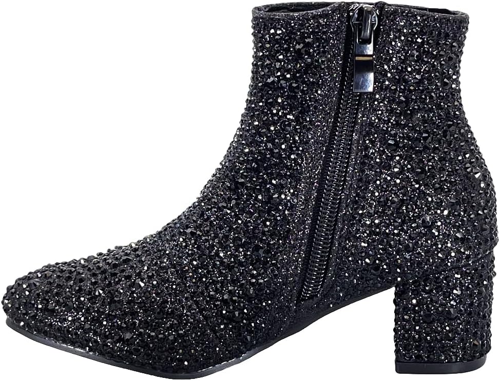 ABSOLEX Girle's Rhinestone Round Toe Block Chunky Low Heel Ankle Booties