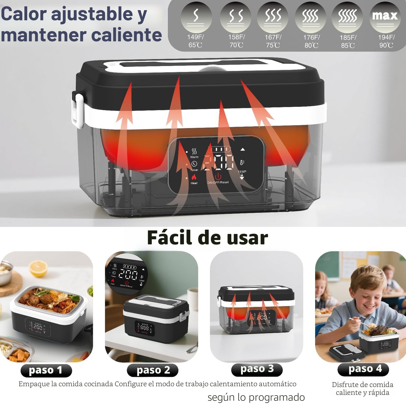 Caja de almuerzo eléctrica inalámbrica para adultos, 1L 16000mAh recargable - Cuenco calefactor con pilas con calefacción automática, para viajes, oficina, picnic (negro)