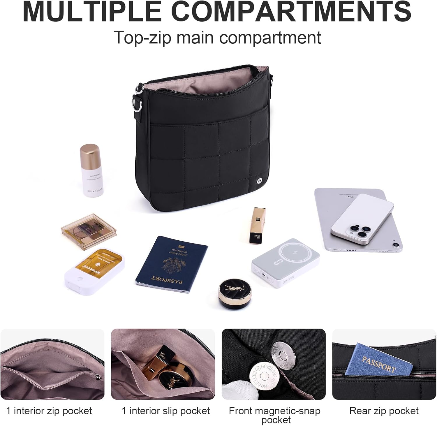 Anti Theft Crossbody Bags for Women,Quilted Puffer Travel Purses Shoulder Hobo Bag Handbag with Guitar Strap - Image 3