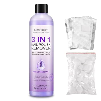 3-in-1 Acetone Nail Polish Remover 8.1 Fl Oz, Gentle & Moisturizing Formula, Quickly Removes Nail Polish/Gel Polish, Lavender Nail Remover, Included Foil Wraps & Cotton Balls, for Home & Salon Use