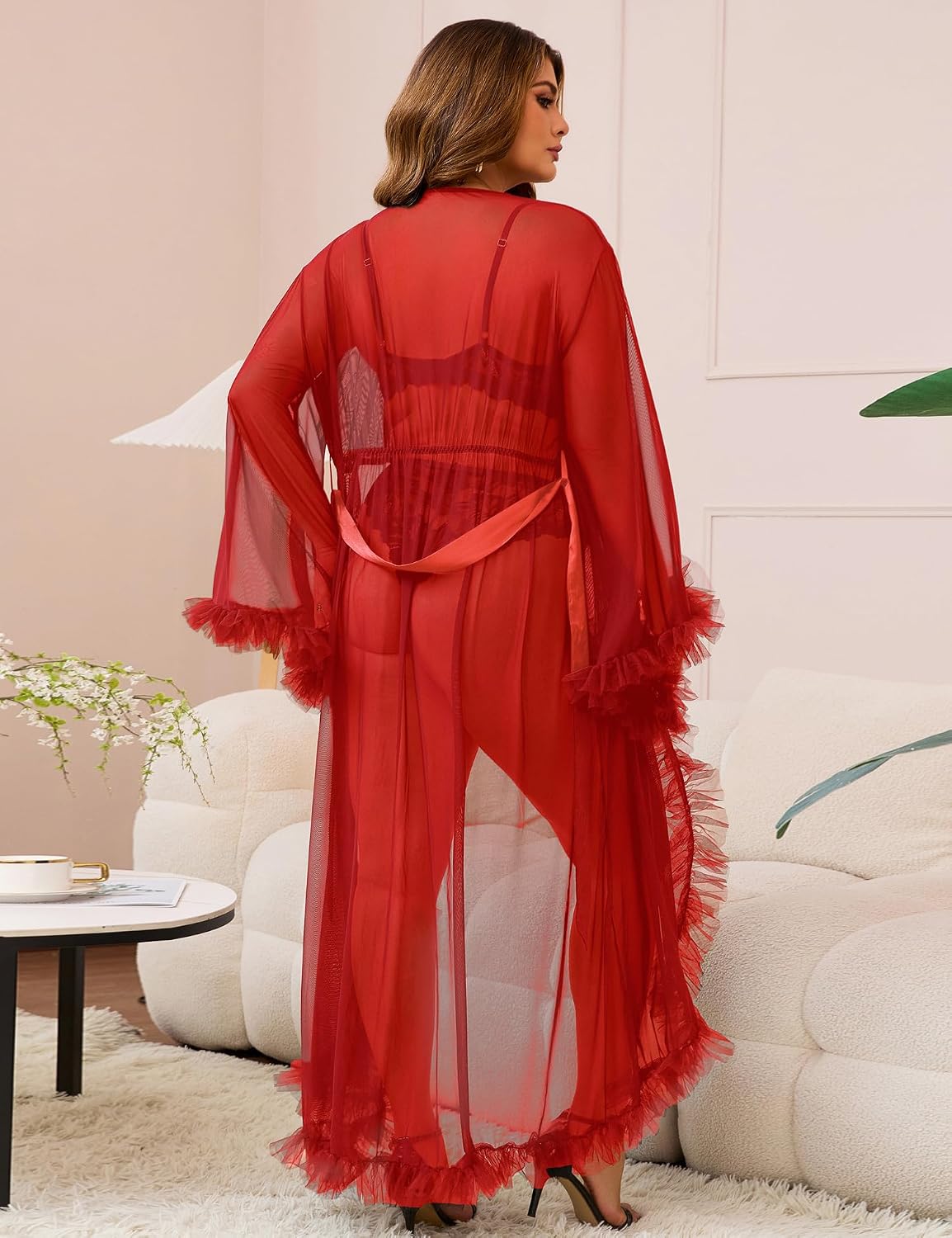 comeondear Sheer Tulle Robe for Women Long Lace Bridal Robe Plus Size Fancy Bridal Wedding Nightgown with Belt