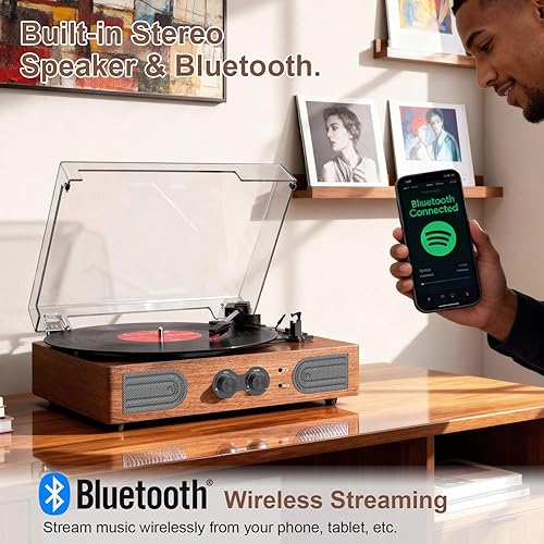 Miniatura 3 de Reproductor de discos de vinilo con altavoces estéreo integrados, tocadiscos de 3 velocidades con transmisión por correa, control de agudos y